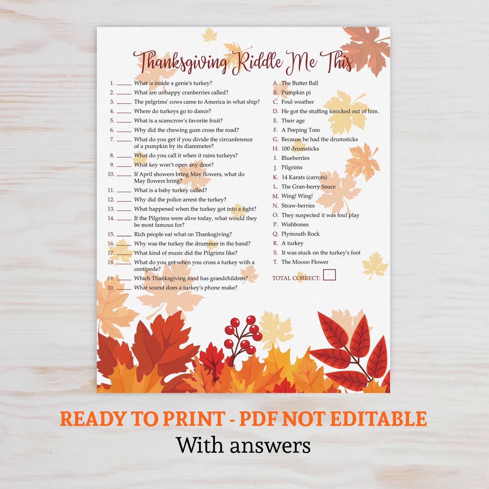 Thanksgiving Riddle Me This Trivia Thanksgiving Printable Etsy