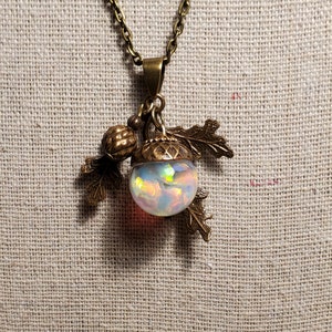 Oak Leaves and Acorn Floating Opal Pendant Necklace