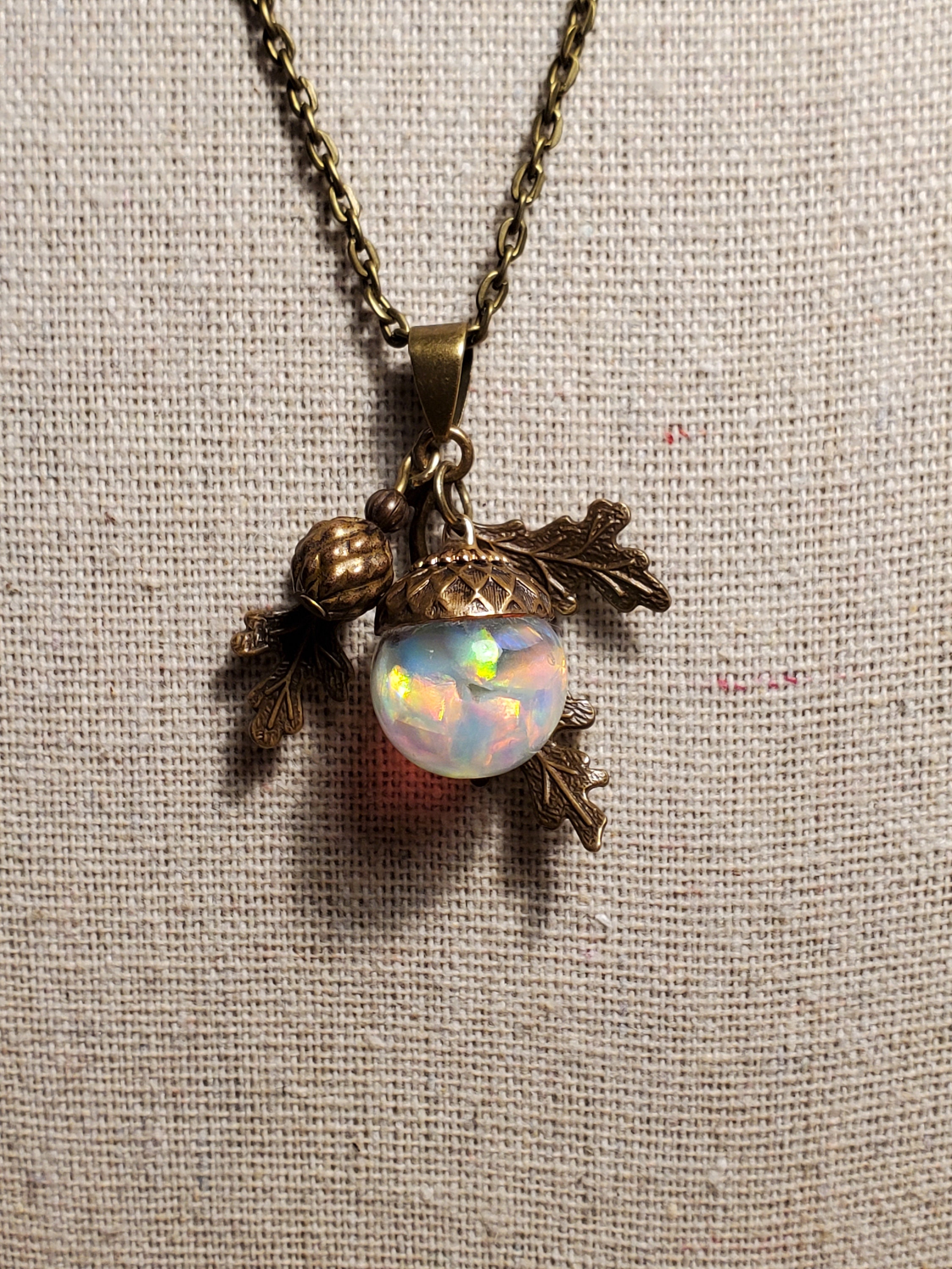 Oak Leaves and Acorn Floating Opal Pendant Necklace