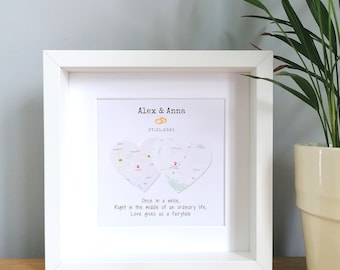 Two Maps Two Hearts Framed Wedding Gift 2 Hearts Destined To Be Together Map Frame Wedding Frame Gift Heart Map Gift idea for couple