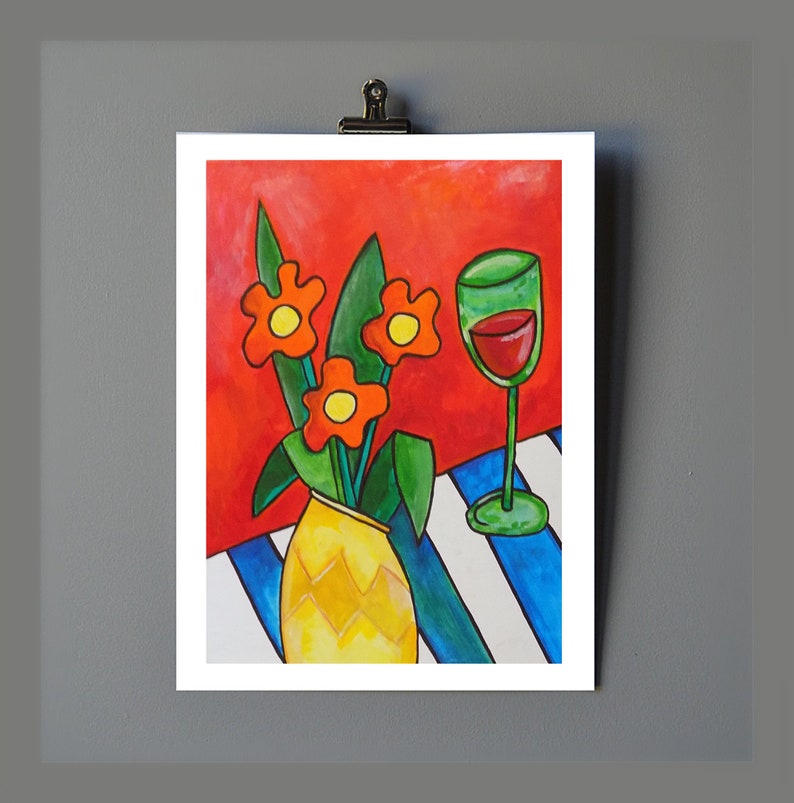 A4 Bright Art Home Decor Abstract Art Vase of Flowers Art Still Life Art A3 Original Art Wine Art