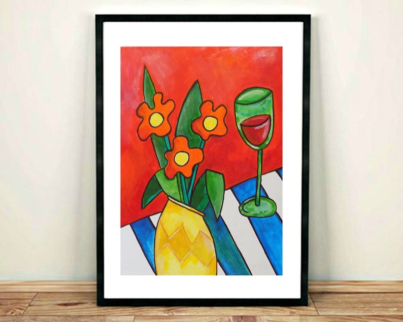 A4 Bright Art Home Decor Abstract Art Vase of Flowers Art Still Life Art A3 Original Art Wine Art