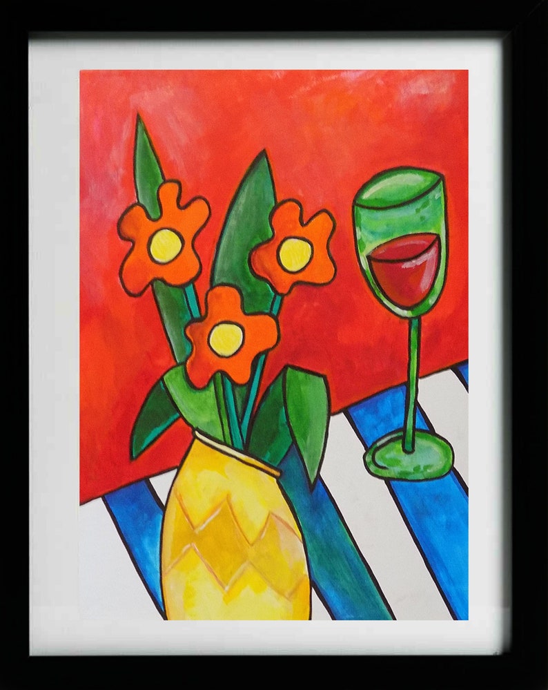 A4 Bright Art Home Decor Abstract Art Vase of Flowers Art Still Life Art A3 Original Art Wine Art