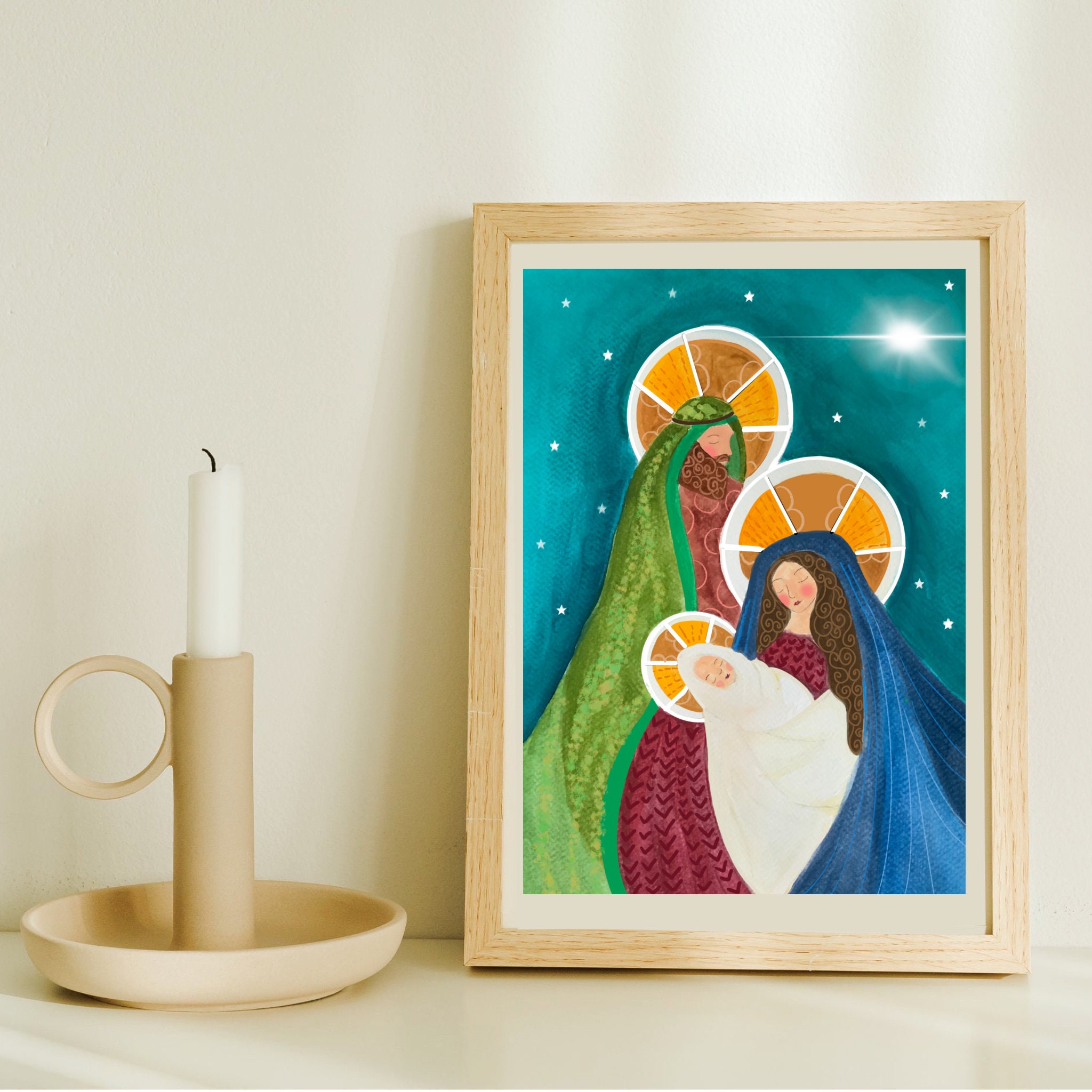 Nativity Art Print, Birth of Jesus, Christmas Art, Mary and Joseph