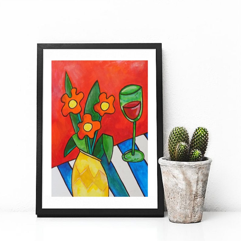 A4 Bright Art Home Decor Abstract Art Vase of Flowers Art Still Life Art A3 Original Art Wine Art