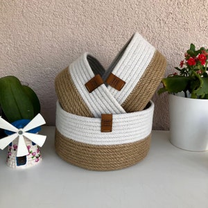 3 of Set Jute and White Rope Basket Handmade