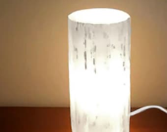 Large Selenite Tower Lamp White Natural Light - 12 “ Selenite Crystal Cylinder Lamp w/ LED Cord Bulb