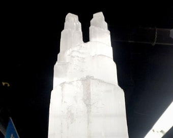 Lampa XL Selenite Tower 14" z białym naturalnym kryształowym światłem, podwójna wieża LED, lampa selenitowa