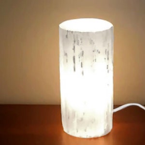 Large Selenite Tower Lamp White Natural Light - 12 “ Selenite Crystal Cylinder Lamp w/ LED Cord Bulb