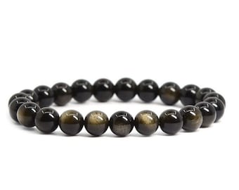 Goldsheen Obsidian Bracelet 8 mm Polished Gemstone Bead Bracelet Healing Jewelry Men