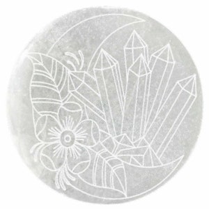 XL Selenit Kristall Ladeplatte 6 &quot;gravierte Platte Mond Blume Kristalle runde Selenit Scheibe