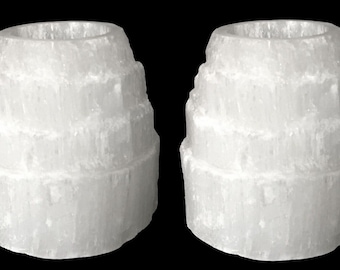 SET med 2 selenitkristallljusstakar Naturlig tornljusstake Vit kristalllampa Bergsljusstakar