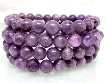 Pulsera de lepidolita de 8 mm, pulsera de cuentas de piedras preciosas pulidas, pulsera elástica color púrpura.