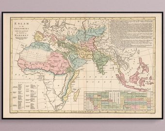 Map of the Distribution of Islam Throughout the Eastern Hemisphere in 1817 Historic Art Poster Print