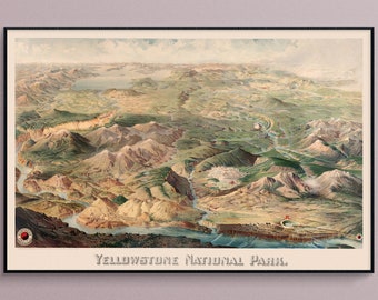 Birdseye View-karta över Yellowstone nationalpark år 1904, konstaffischtryck