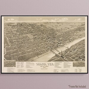 Vogel-Blick-Ansichtskarte von Waco, Texas im Jahr 1886, Historische Kunst Poster Druck