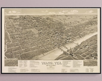 Bird's-eye View Map of Waco, Texas in 1886, Historic Art Poster Print