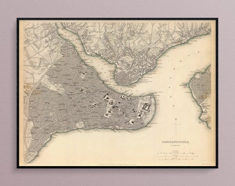 Karta över Konstantinopel (nuvarande Istanbul, Turkiet) år 1840, konstaffischtryck