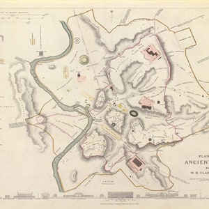 May include: A detailed black and white map of Ancient Rome, with a key listing the names of various locations. The map is titled "Plan of Ancient Rome" and is attributed to W. B. Clarke, Arch't.