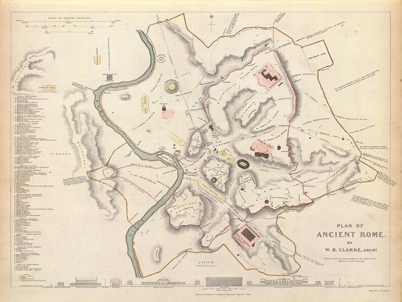 May include: A detailed black and white map of Ancient Rome, with a key listing the names of various locations. The map is titled "Plan of Ancient Rome" and is attributed to W. B. Clarke, Arch't.