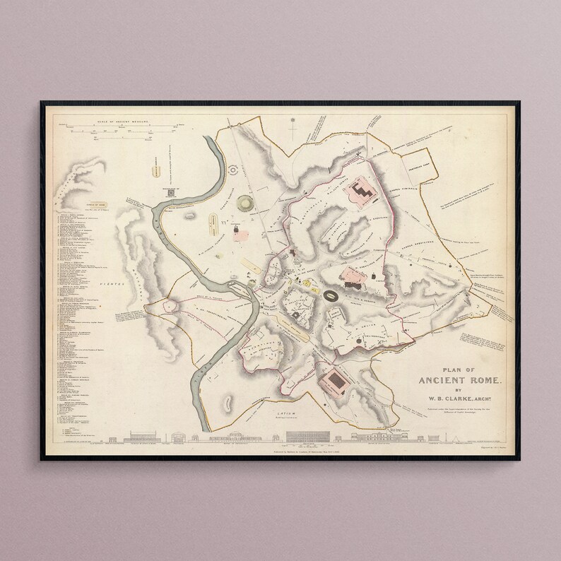 May include: A vintage map of Ancient Rome, printed in black and white with hand-drawn details. The map shows the city's layout, including the Tiber River, the Forum, and the Colosseum. The title "Plan of Ancient Rome" is printed at the bottom of the map, along with the name of the creator, "W.B. Clarke, Arch."