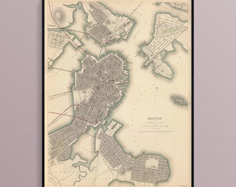 Map of Boston, Massachusetts in the Year 1842, Art Poster Print