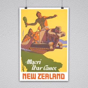 Maori War Canoe Vintage New Zealand Travel Poster Print
