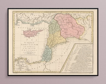 Map of the Kingdom of Jerusalem at the Time of the Crusades, Historic Map Poster Print