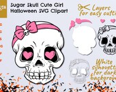 Sugar Skull SVG, Cute Skull Girl Halloween Cut file Decal Temporary Tattoo, Skull SVG, Dia de los Muertos party