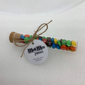 Mini M&M's Wedding Kitchen Tea Baby Shower GLASS tube Bomboniere Favours with personalised sticker or tag 30ml