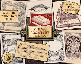 Vintage Bookplates, Pack 2 | Digital Download Printables | 9 Book Plates | Ex Libris