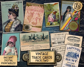 Vintage Trade Cards, Pack Two | Printable Digital Download | 6 Double-Sided Calling Cards | Beautiful Images and Advertisements!