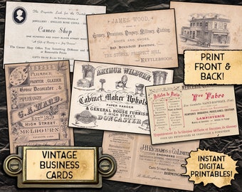 Op de afbeelding: Een verzameling vintage visitekaartjes met zwart-wit illustraties en tekst. De kaartjes adverteren voor een verscheidenheid aan diensten, waaronder loodgieterswerk, schilderen, kastmaken en kruidenierswinkels. De kaartjes zijn gedrukt op verouderd papier met een verweerde uitstraling.