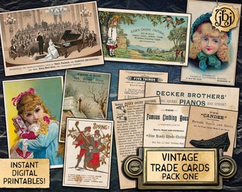 Vintage Trade Cards, Pack One | Printable Digital Download | 6 Double-Sided Calling Cards | Beautiful Images and Advertisements!