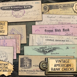 Vintage American Bank Checks - Digital Download Printable | 8 different cheques