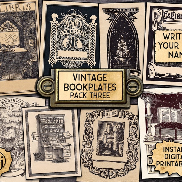 Vintage Bookplates, Pack 3 | Digital Download Printables | 9 Book Plates | Ex Libris
