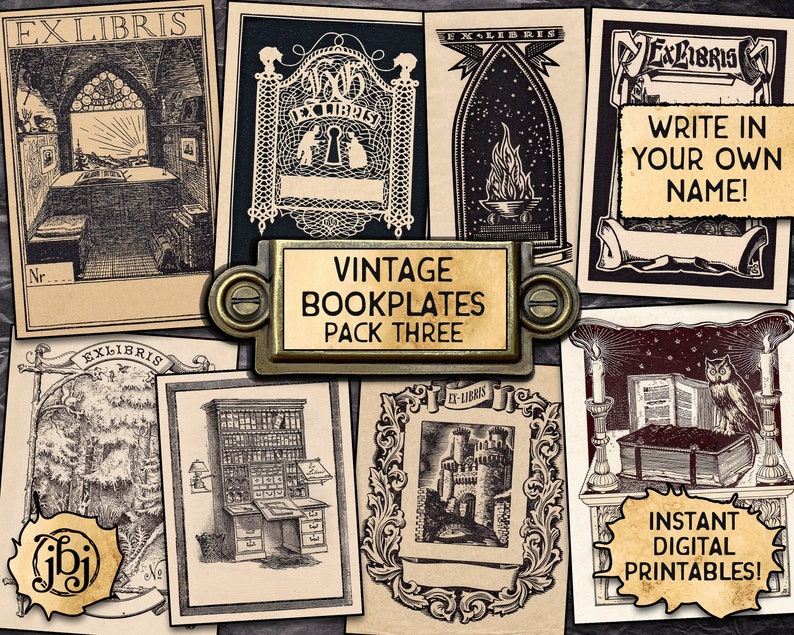 Vintage Bookplates, Pack 3 Digital Download Printables 9 Book Plates Ex Libris image 1