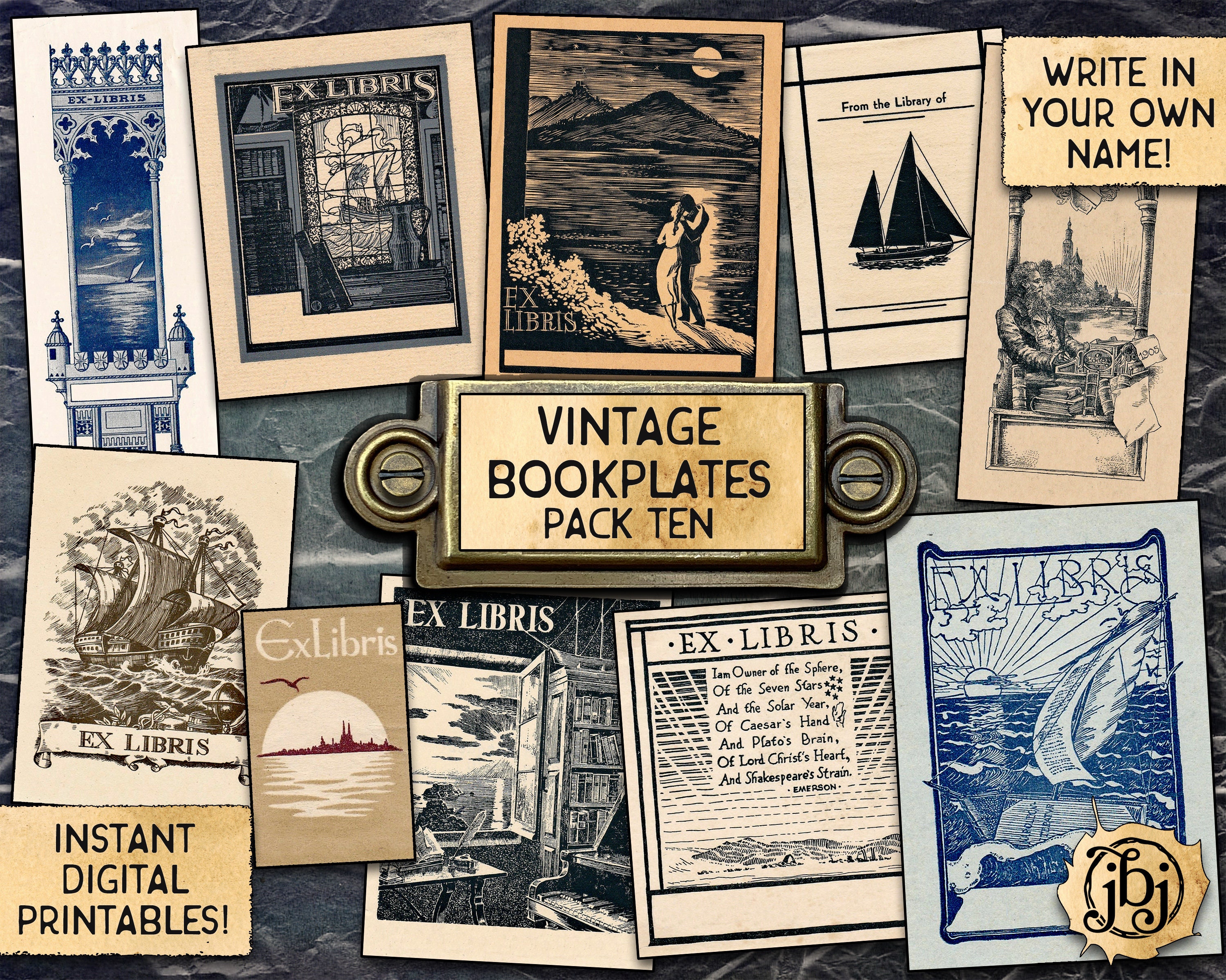 Vintage Bookplates, Pack 10 | Printable Digital Download | 10 Different Ex-Libris Book Plates!