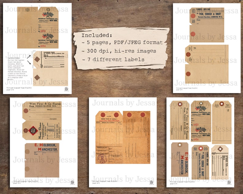 Vintage Luggage Tags, pack 1 Digital Download Printables 7 different baggage labels image 2