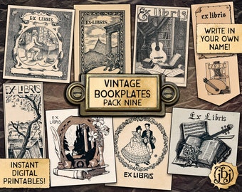 Vintage Bookplates, Pack 9 | Printable Digital Download | 9 Different Ex-Libris Book Plates!