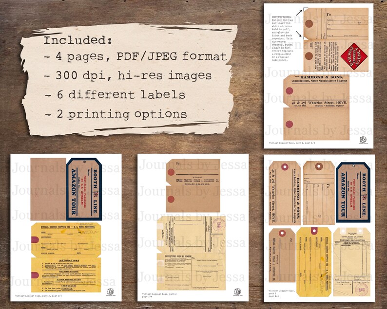 Vintage Luggage Tags, Pack 2 Digital Download Printables 6 Different