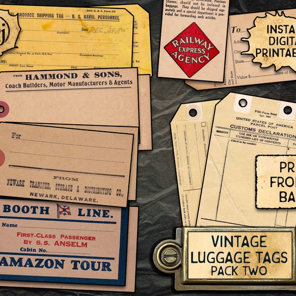 Vintage Luggage Tags, pack 2 | Digital Download Printables | 6 different baggage labels!