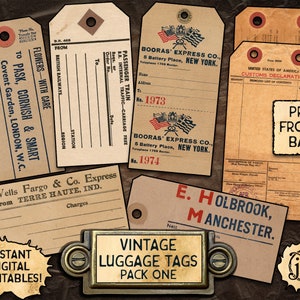 Vintage Luggage Tags, pack 1 Digital Download Printables 7 different baggage labels image 1