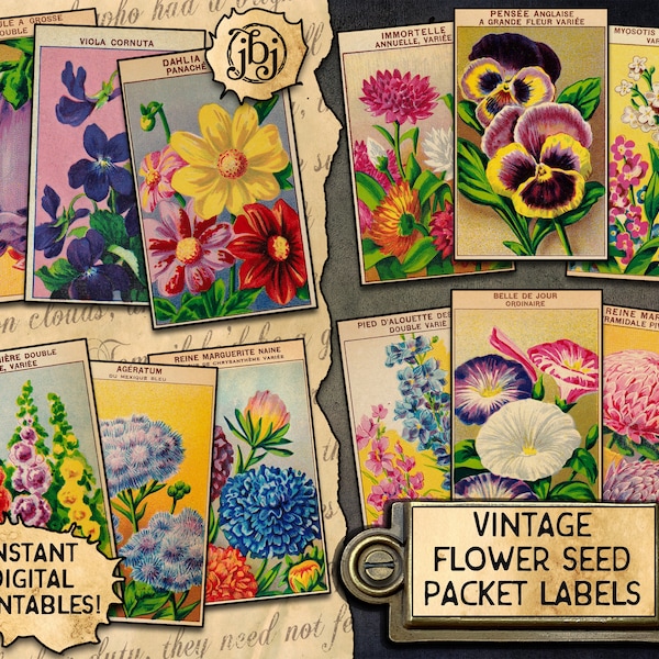 12 Flower Seed Packet Labels | Digital Download Printables | Vintage Ephemera