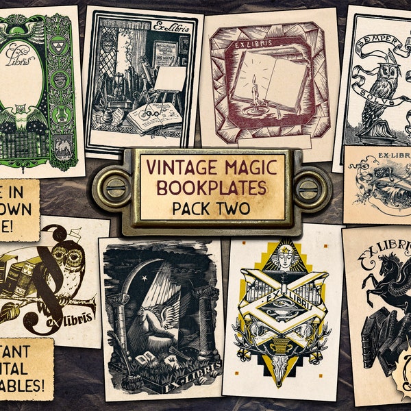 Vintage Magic Bookplates, pack 2 | Printable Digital Download | 10 Different Ex Libris Book Plates!