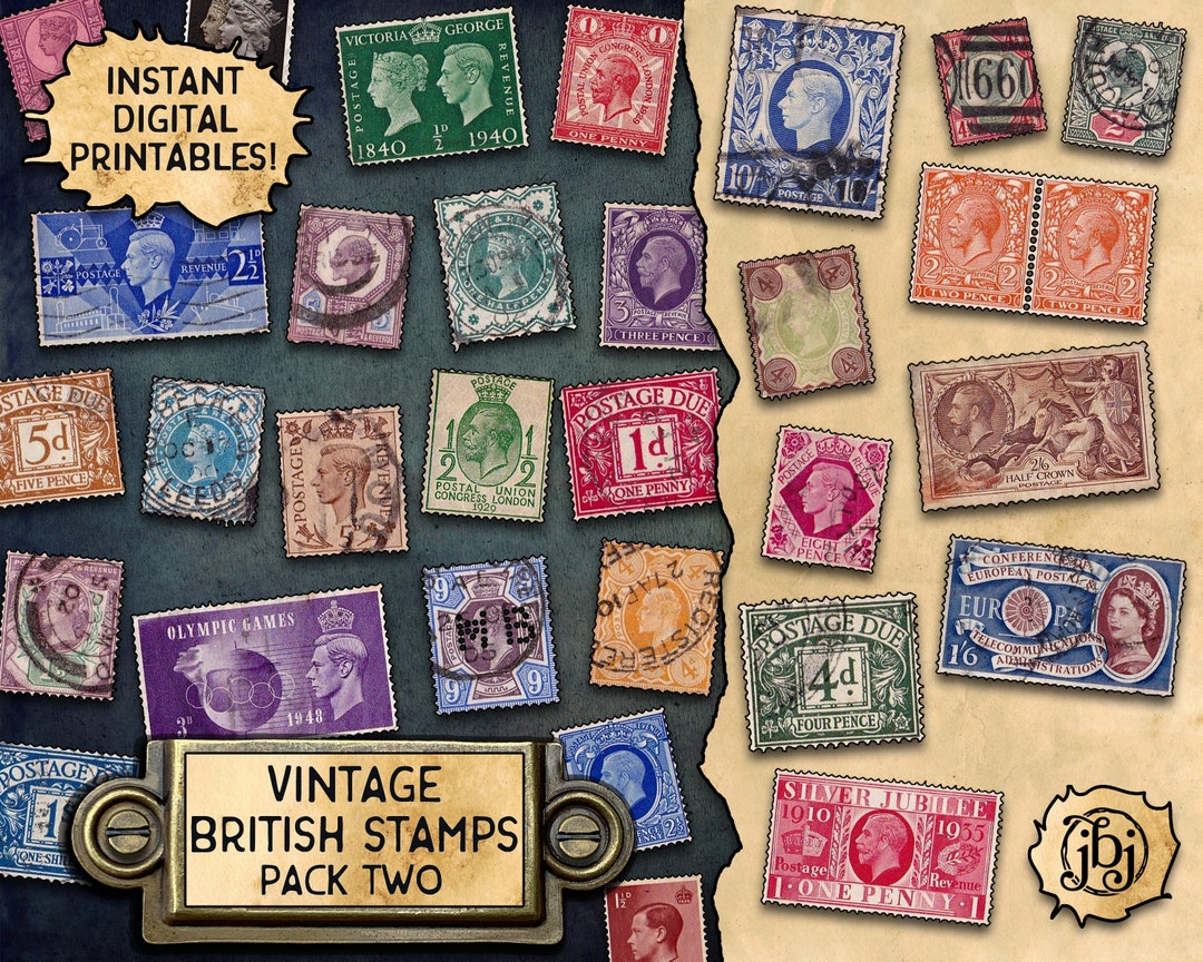 Vintage British Stamps, Pack 2 | Digital Download Printables | 30 ...