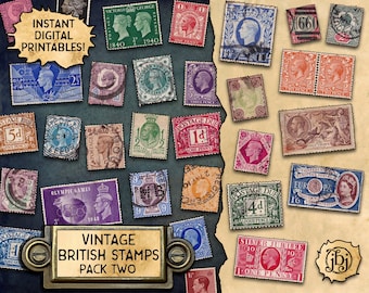 Vintage British Stamps, pack 2 | Digital Download Printables | 30 different stamps