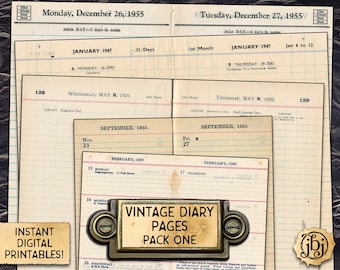 Vintage Diary Pages | Printable Digital Download | 5 Double-Sided Pages from 1929, 1935, 1947, 1949 & 1955!