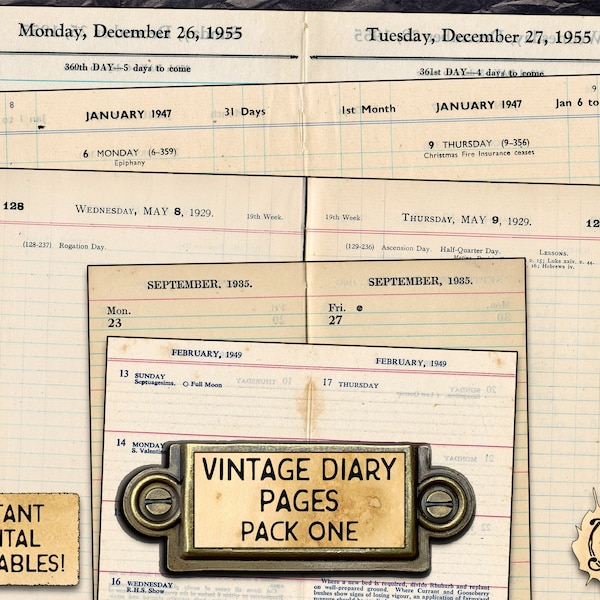 Vintage Diary Pages | Printable Digital Download | 5 Double-Sided Pages from 1929, 1935, 1947, 1949 & 1955!