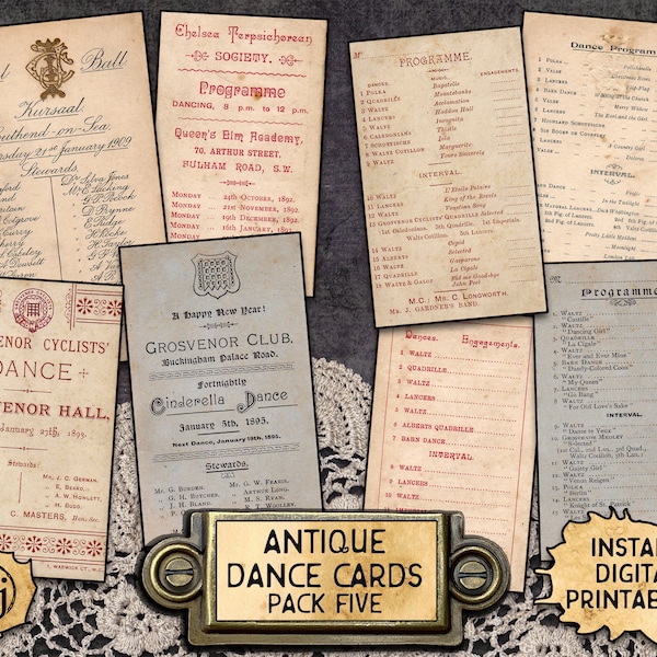 Antique Dance Cards, Pack 5 | Instant Download Printables | 4 different cards plus free ball invitation!